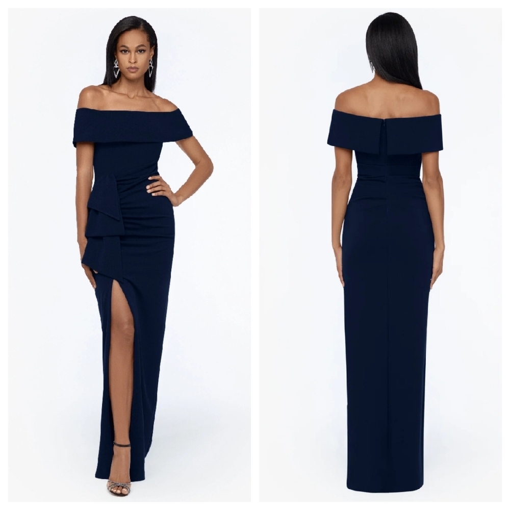 NWT Xscape Camila Crepe Ruffle Off the Shoulder Evening Gown Dress